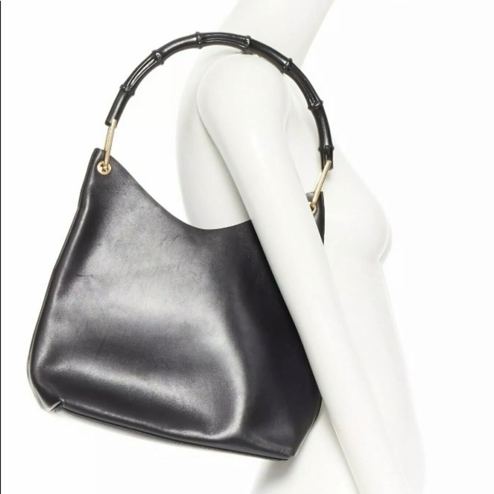 vintage GUCCI black calfskin leather‎ Bamboo handle shoulder hobo tote bag - Picture 2 of 12